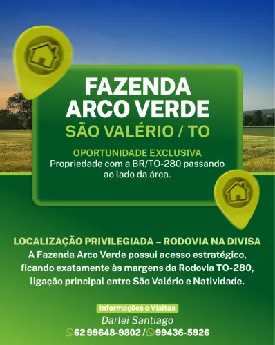 Fazenda à venda em São Valério/TO - 50 alqueires - Rodovia TO-280 ao lado