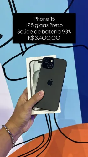 iPhone 15 / 128GB / Preto / Saúde de bateria 93% /R$ 3.400,00 