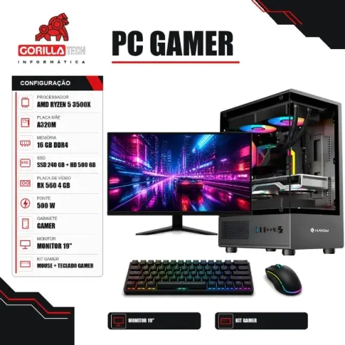 PC Gamer Completo Ryzen 5 3500X RX 560 4 GB 16GB SSD + Monitor - Gorilla Tech