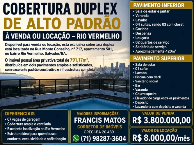 COBERTURA DUPLEX DE ALTO PADRÃO À VENDA OU LOCAÇÃO - RIO VERMELHO<br>