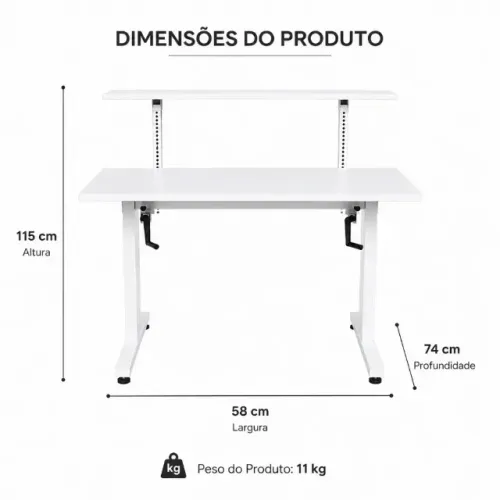 Mesa Escritório / Estudo Ajustável com Manivela (Branca)