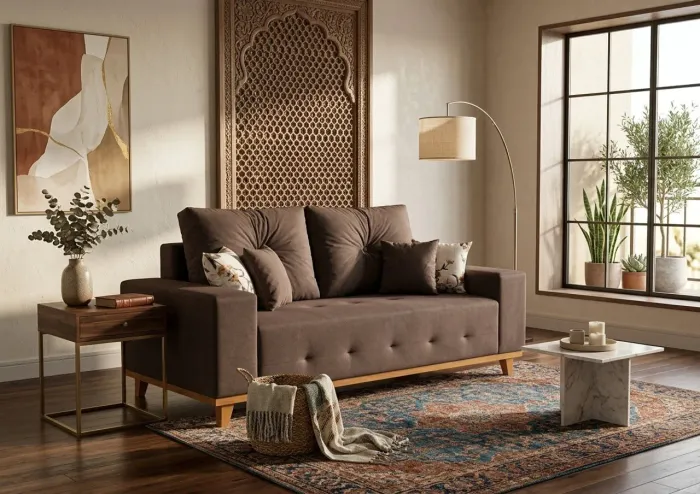 Sofá retrô quadrado 3 lugares com base de madeira e 4 almofadas decorativas grátis