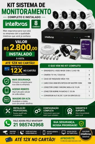 Kit CFTV Intelbras - 8 câmeras + HD 1TB + instalação