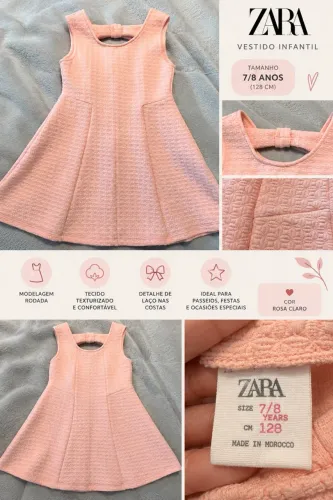 Vestido Infantil Zara Rosa Claro - Tamanho 7/8 Anos