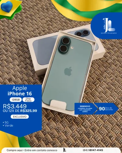 IPHONE 16, 5G, 128GB, CHIP FÍSICO, VERDE, SEMINOVO, EXCLUSIVO!