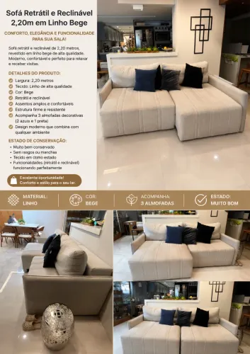 Sofá Retrátil e Reclinável 2,20m em Linho Bege + 3 Almofadas Decorativas