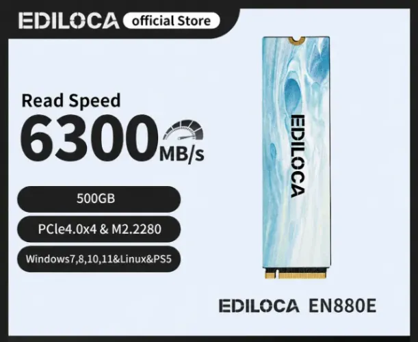 SSD NVMe M.2 EDILOCA EN880E, 500GB, PCIe 4.0, Leitura 6300MB/s, Escrita 3100MB/s