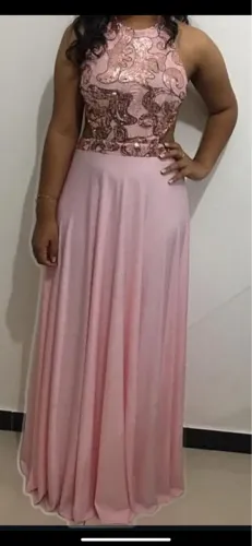 Vestido de festa rosa bordado paete 