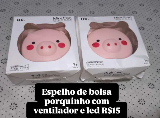 Espelho bolsa porquinho com ventilador e led