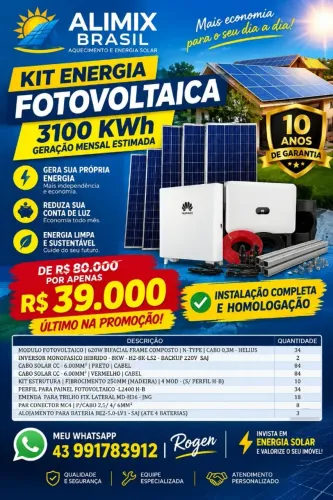 KIT ENERGIA FOTOVOTAICA 3100 KWH DE 80 MIL POR 28 MIL