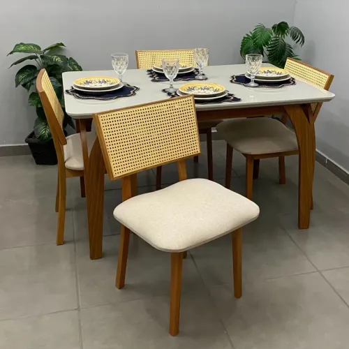 Mesa de jantar com  cadeiras diamante em linho madeira 135x90 - ENTREGA HOJE !!! 