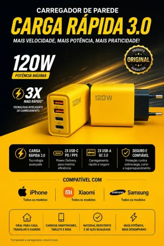 Carregador Celular Carga Rápida 3.0 USB , C e PD para iPhone, Xiomi, Samsung, Original
