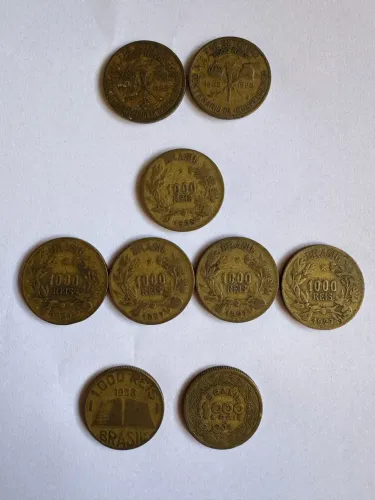 Lote 9 moedas antigas de 1.000 réis