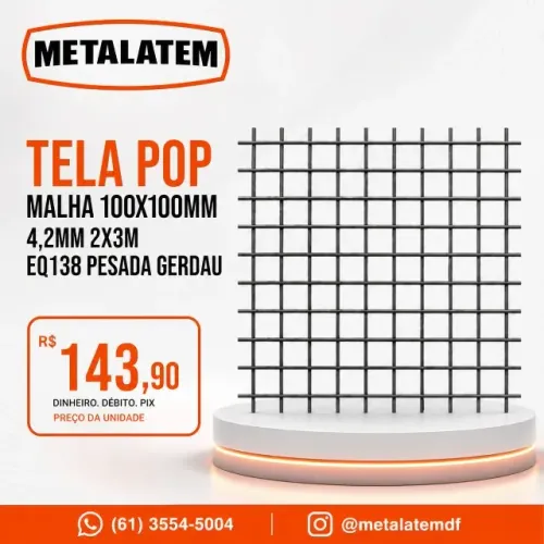 Tela Pop Gerdau EQ 138 Pesada - Malha 100x100mm - 4,2mm - 2x3m