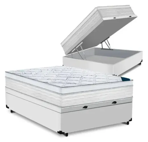 Colchão Casal Molas Ensacadas + Cama Box Baú All White