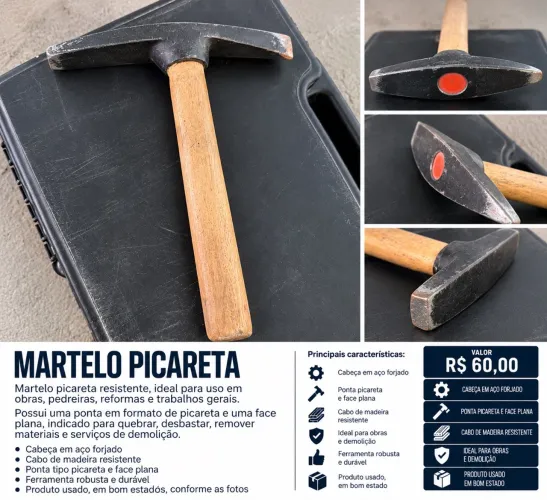 Martelo Picareta com Cabo de Madeira - Reforçado