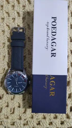 Relógio Poedagar Novo Pulseira de Couro Mostrador Azul Lindo