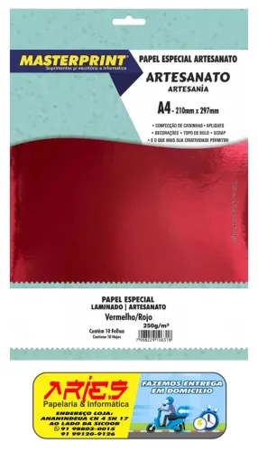 PAPEL ESPECIAL ARTESANATO LAMINADO LAMICOTE VERMELHO 250G MASTERPRINT A4 10 FOLHAS