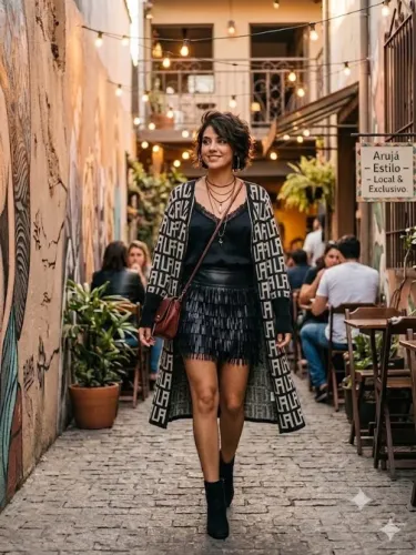 Look Completo: Cardigan Lazinha, Saia Franja, Botinha e Bolsa