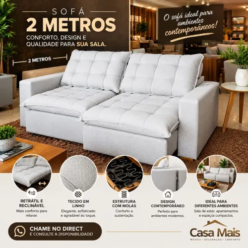 Sofá 2 Metros Retrátil e Reclinável 