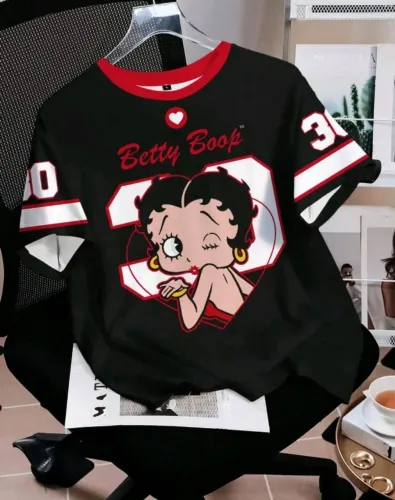 Betty Boop x SHEIN Camiseta Casual Feminina de Manga Curta com Gola Redonda.