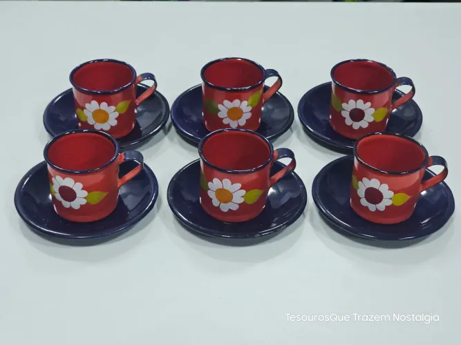 6 Lindas Xícaras Com Pires em Ágata Esmaltada Decorada em Flores Anos 60