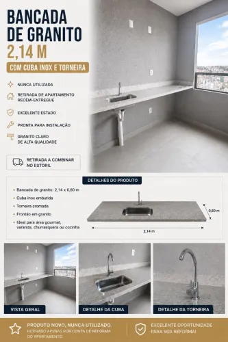Bancada em granito com cuba de inox e torneira