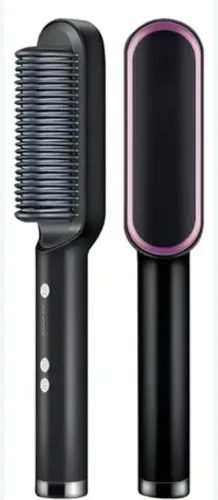 Preto- escova alisadora elétrica bivolt, ideal para cabelos. Temperatura ajustável.