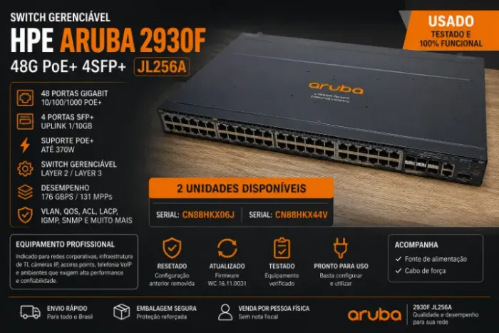Switch HPE Aruba 2930F 48G PoE+ 4SFP+ JL256A Gerenciável