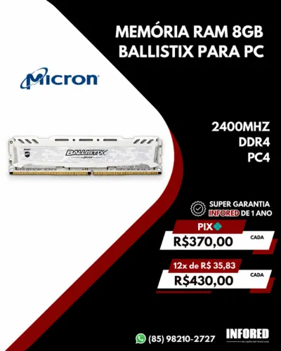 Memória RAM Micron Ballistix 8GB DDR4 2400MHz para PC