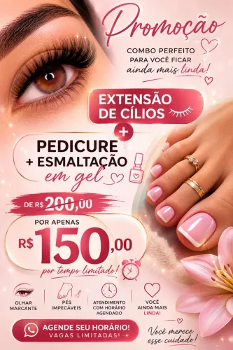 Extensão de cílios + unhas (pedicure normal ou em gel )