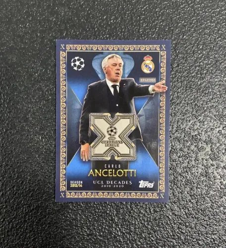 Carta Carlo Ancelotti Relic Card UCL Decades 2010-2020 + 10 Cartas aleatórias Topps