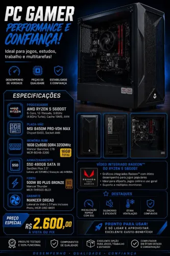 PC Ryzen 5 5600GT + 16gb (2x8) 3200mhz + SSD 480GB + Fonte 500w