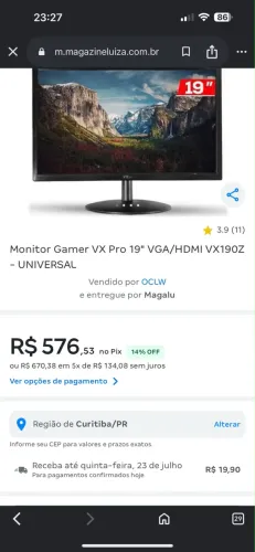VENDO MONITOR GAME 19 POLEGADAS NOVO NA CAIXA