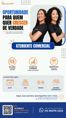 ATENDENTE COMERCIAL - SÃO MATEUS - ZONA LESTE| R$ 1.980,00 + COMISSÃO SEM TETO