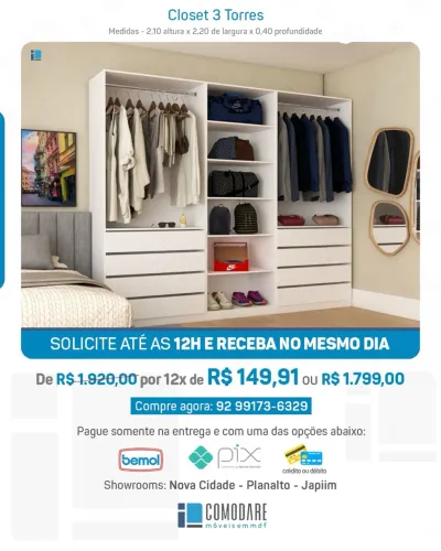 CLOSET DE 3 TORRES 100% EM MDF.