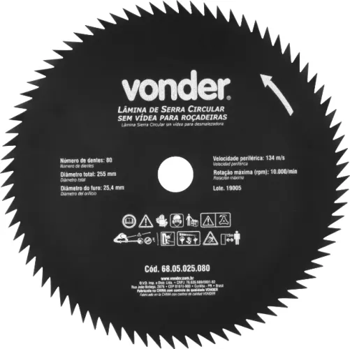 Lâmina circular sem vídea, para roçadeiras, 255 mm x 25,4 mm, 80 dentes, VONDER