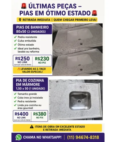Pias de Mármore | Banheiro 80x50 e Cozinha 1,50x50 com cuba | Retirada Imediata
