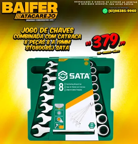 Jogo de Chaves Combinada Com Catraca 8 Peças 8 a 19mm St08008sj Sata