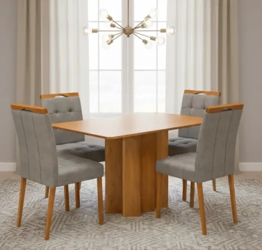 Conjunto de Jantar 4 Lugares Madeira Natural com Veludo Cinza