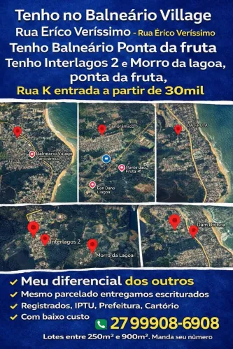 Lotes vendo no litoral ES, Balneário Village e Ponta fruta, parcelo troco, escriturados