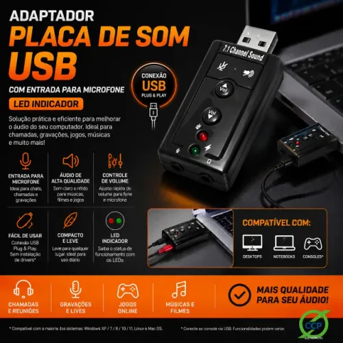 Adaptador Placa de Som USB Com Entrada Para Microfone e LED Indicador 