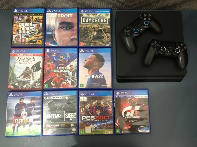PS4 SLIM 1TB + 2 CONTROLES ORIGINAIS + 10 JOGOS