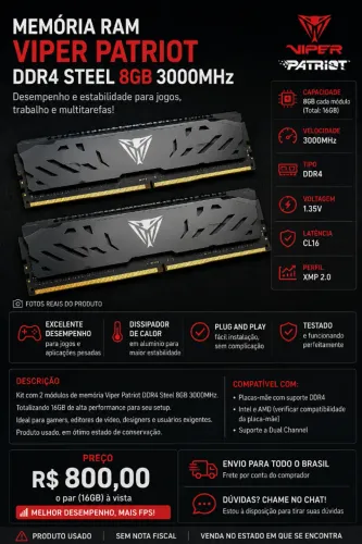 Kit Memória RAM Patriot Viper Steel DDR4 16GB (2x8GB) 3000MHz