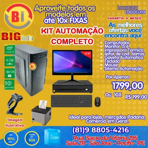 Kit Automação Pdv I3 4GB SSD 60GB Monitor 15" Gvt. Din Impressora Leitor - Em ate 10x