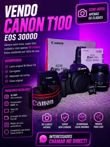 Canon T100 EOS 3000D Semi Nova + Lente 18-55mm + Caixa | Apenas 50 Cliques