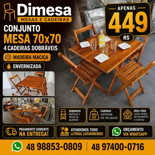Mesa 70x70 com 4 cadeiras dobráveis madeira maciça verniz mel