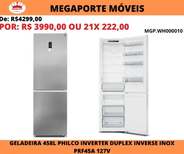 Geladeira 458L Philco Inverter Duplex Inverse Inox 127V PRF45A