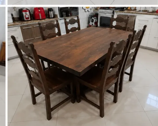 Mesa de Jantar 6 Lugares em Madeira Maciça de Embuia + 6 Cadeiras | Excelente Estado