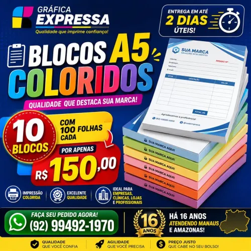Impressão de 10 blocos A5 colorido com 100 folhas cada